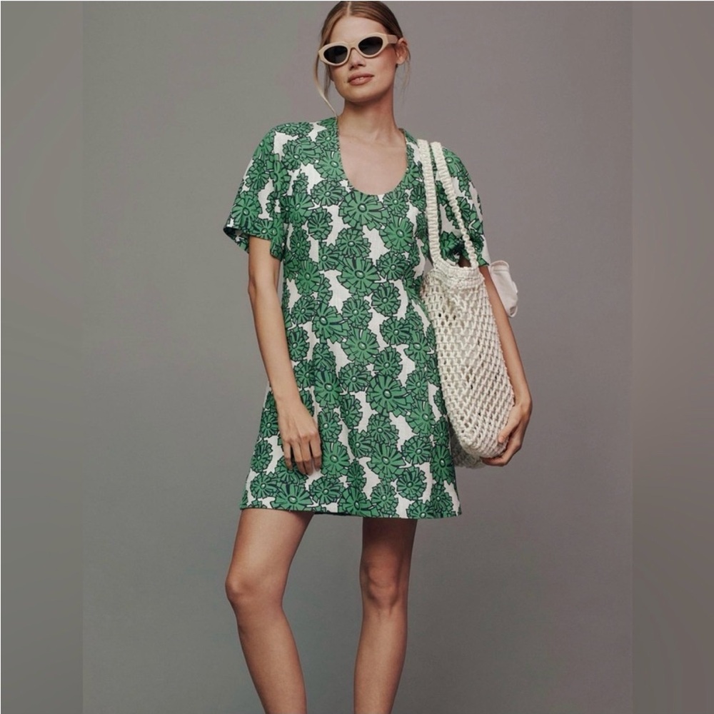Anthropologie Porridge Linen Blend Green Floral Scoop Neck Short Mini Dress Med